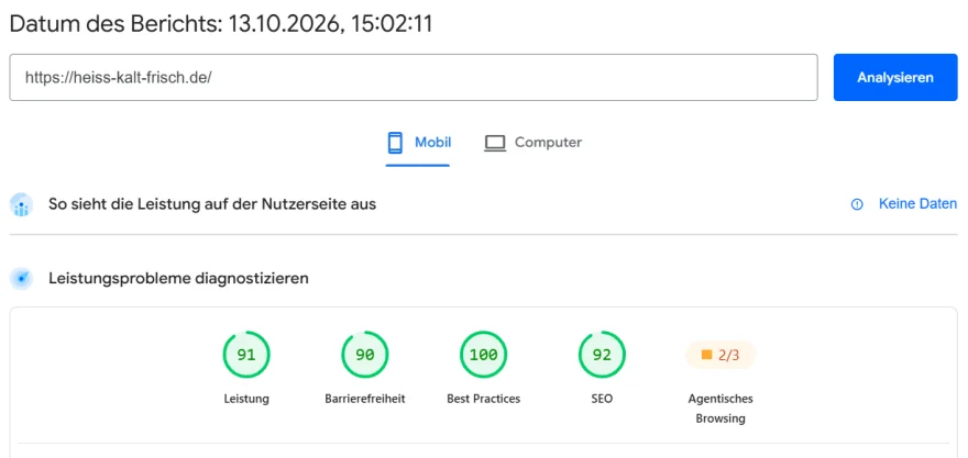 PageSpeed-Bericht mobil für heiss-kalt-frisch.de: Leistung 91, Best Practices 100, SEO 92