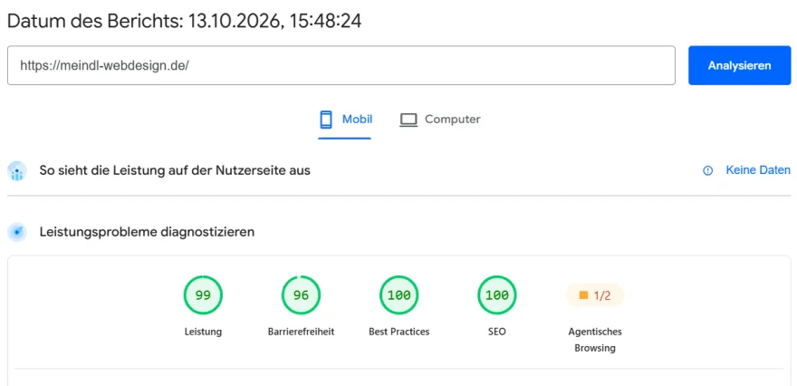 PageSpeed-Bericht mobil für meindl-webdesign.de: Leistung 99, Barrierefreiheit 96, Best Practices 100, SEO 100