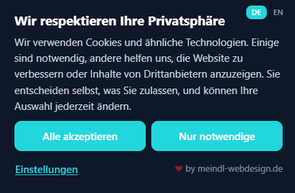 Cookie-Banner von Meindl Cookies mit Sprachumschalter und den Buttons Alle akzeptieren und Nur notwendige