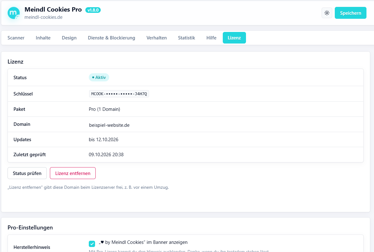 Lizenz-Tab der Pro-Version mit Status, Paket, Domain und Update-Zeitraum